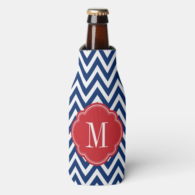 Red White and Blue Chevron Monogram Bottle Cooler (Bottle Front)