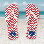 Red White and Blue Chevron Monogram Flip Flops<br><div class="desc">Custom printed flip flop sandals with a stylish modern chevron pattern and your custom monogram or other text in a circle frame. Click Customise It to change text fonts and colours or add your own images to create a unique one of a kind design!</div>