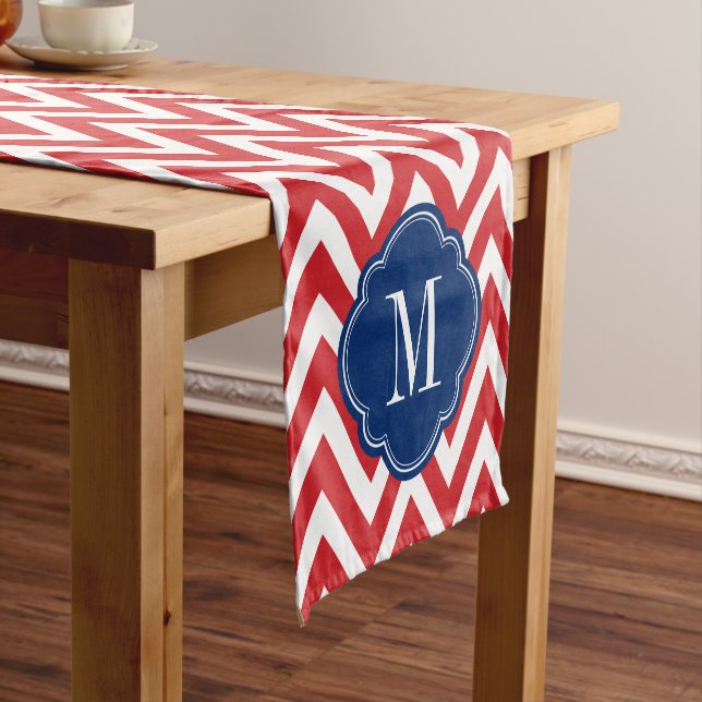 Red White and Blue Chevron Monogram Short Table Runner (In Situ)