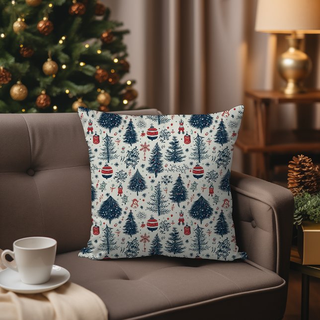 Red White and Blue Christmas Holiday Home Hygge Cushion (Scandinavian Nordic Christmas Woodland Pattern Throw Pillow – Red, White, and Blue Pattern)