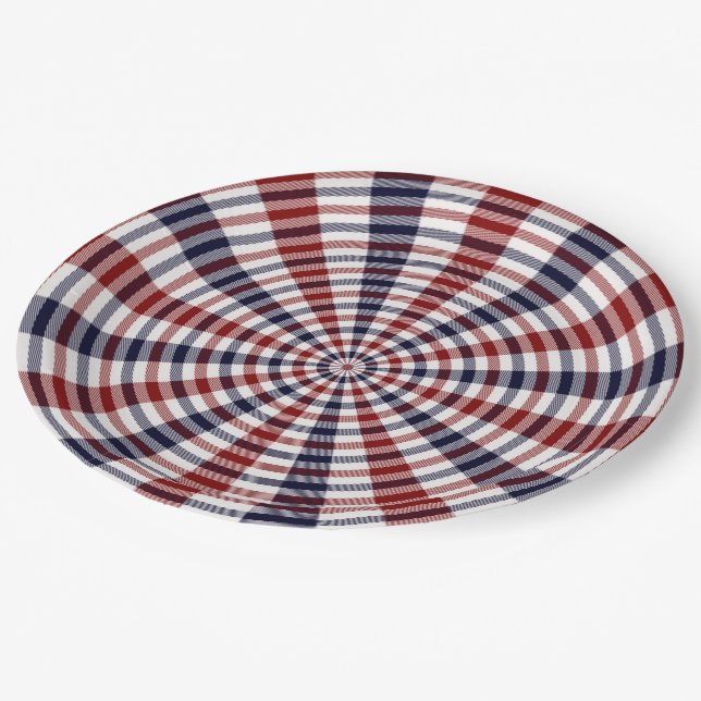 Red white and blue circle plaid paper plate (Angled)