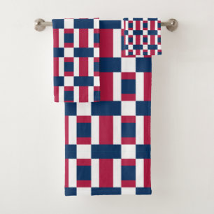 Red White And Blue Colour Block Print Bath Towel Set