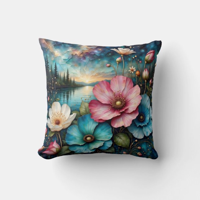 Red white and blue Cosmos flowers, Landscape  Cushion (Front)