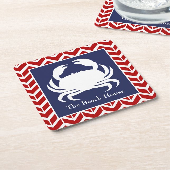Red White and Blue Crab Personalise Nautical Party Square Paper Coaster (Angled)