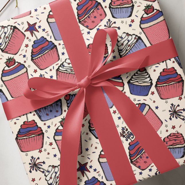 Red, White, and Blue Cupcake Wrapping Paper  (Ivory Festive Hand-Drawn July 4th Patriotic Red, White & Blue Cupcakes with Toppers & Sprinkles.)