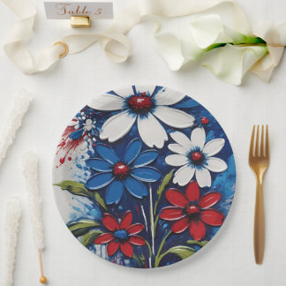 Red White And Blue Daisies Floral Paper Plate