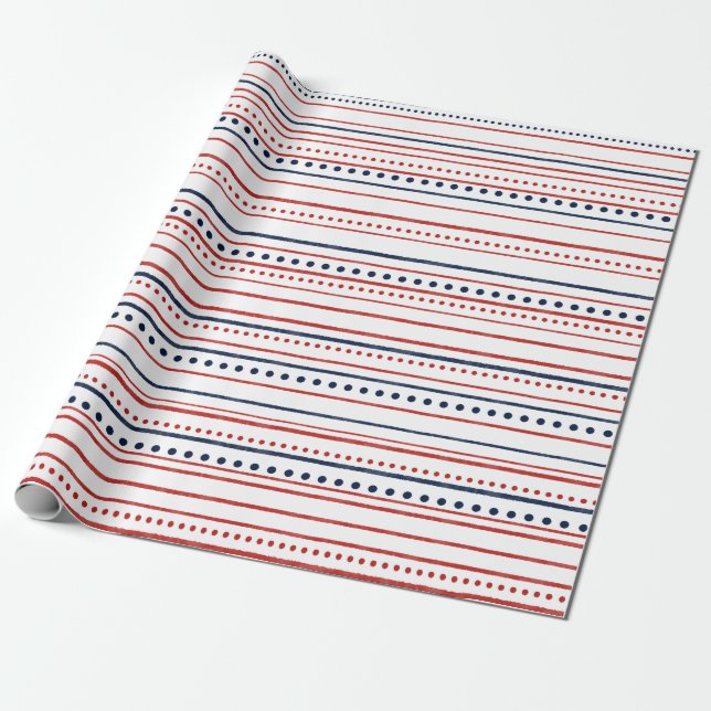 Red White and Blue Dots and Painted Stripes Wrapping Paper (Unrolled)