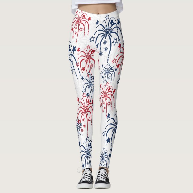 Red White and Blue Fireworks 4th of July Leggings (Front)