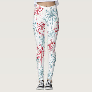 Red White and Blue Fireworks 4th of July Leggings