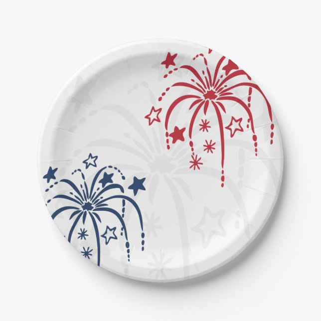 Red White and Blue Fireworks 4th of July Party Paper Plate (Front)
