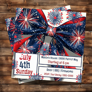 Red White and Blue Fireworks and Bow  Invitation