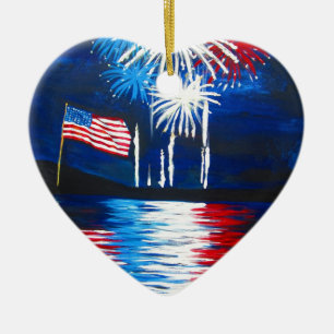 red, white and blue fireworks ceramic tree decoration