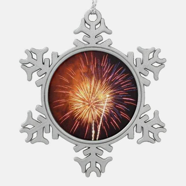 Red, White and Blue Fireworks I Patriotic Snowflake Pewter Christmas Ornament (Front)