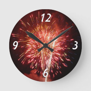 Red, White and Blue Fireworks II Patriotic Round Clock