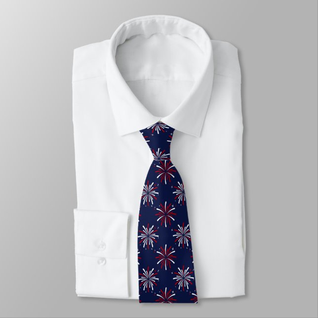 Red White and Blue Fireworks July 4th Single Print Tie (Tied)