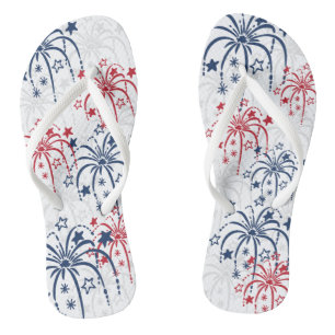 Red White and Blue Fireworks & Stars 4th of July Flip Flops