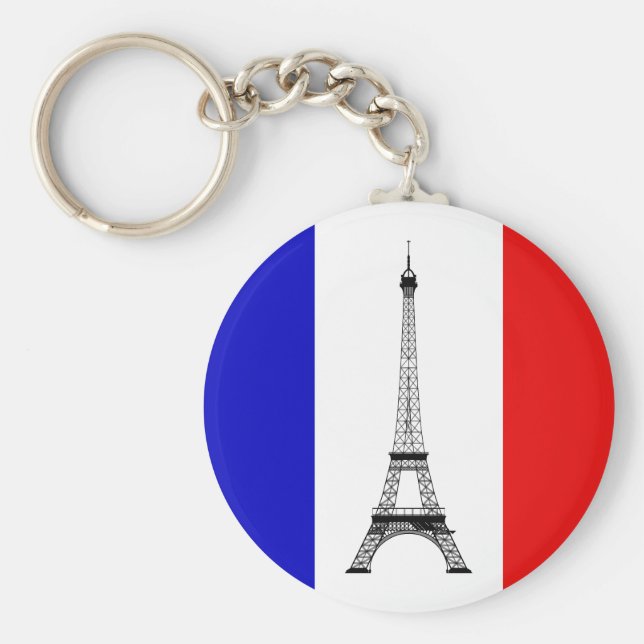 Red White and Blue Flag of France and Eiffel Tower Key Ring (Front)