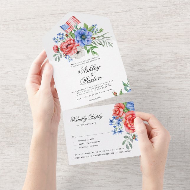 Red White and Blue Floral  All In One Invita Invitation (Tearaway)