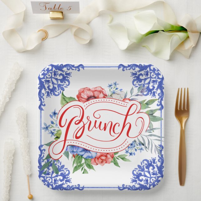 Red, White and Blue Floral Bridal Brunch | Shower  Paper Plate (Wedding)