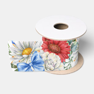 Red White and Blue Floral Satin Ribbon