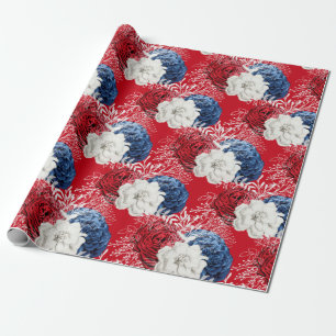 Red, White and Blue Floral USA Pattern Wrapping Paper
