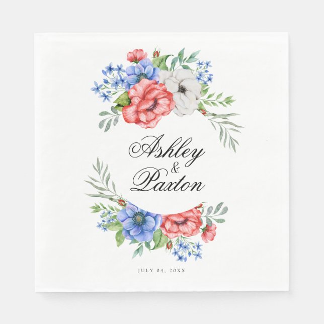 Red, White and Blue Floral Wedding Napkin (Front)