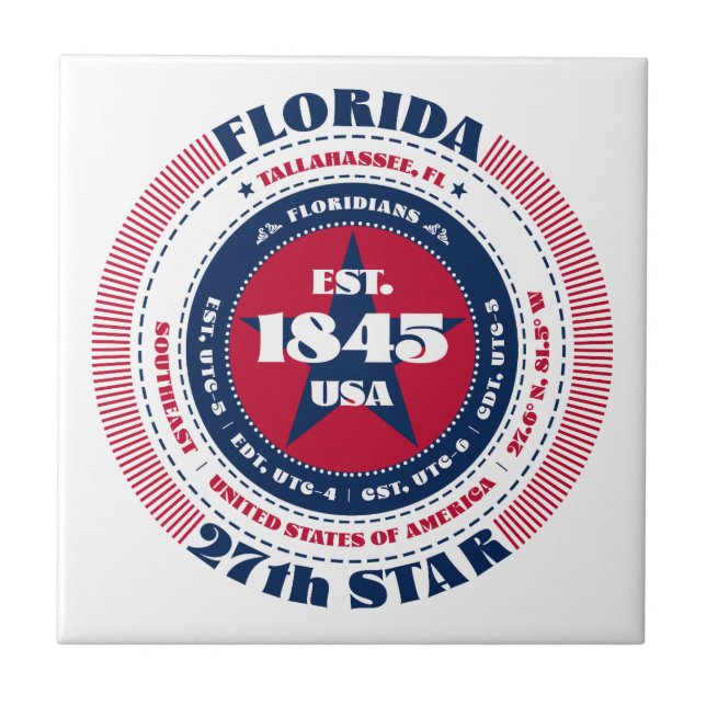 Red, White, and Blue Florida Ceramic Tile (Front)