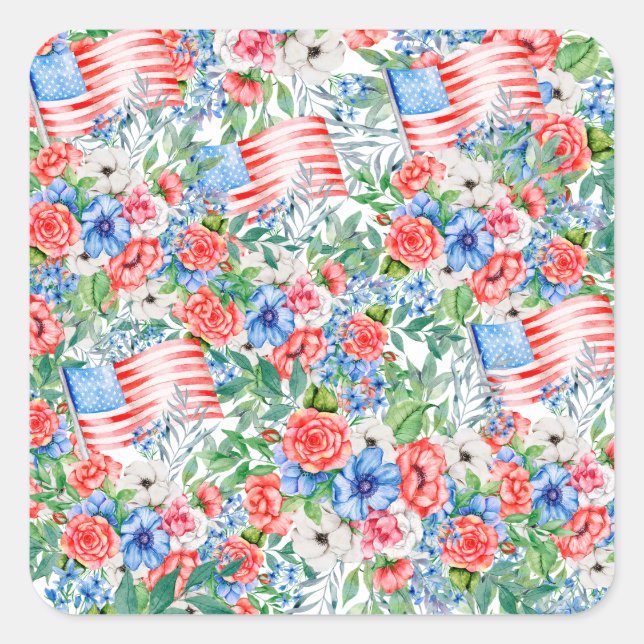 Red White And Blue Flowers  Patriotic 4th Of July Square Sticker (Front)