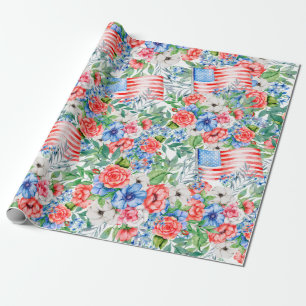 Red White And Blue Flowers Patriotic 4th Of July Wrapping Paper
