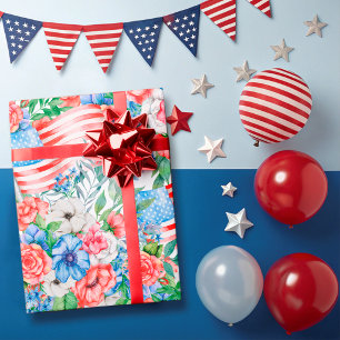 Red White And Blue Flowers Patriotic 4th Of July Wrapping Paper