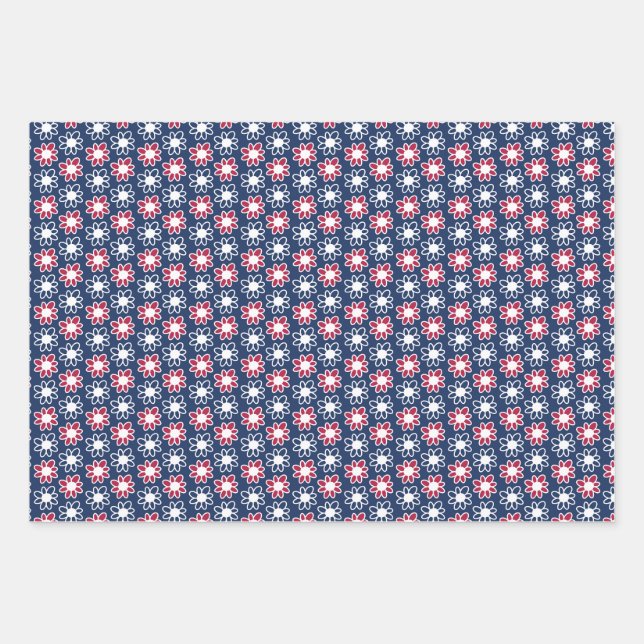 Red, white and blue flowers wrapping paper sheet (Front)