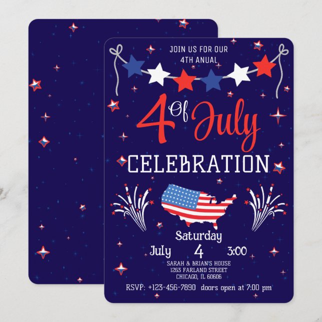 Red White And Blue Fourth Of July Celebration Invitation (Front/Back)