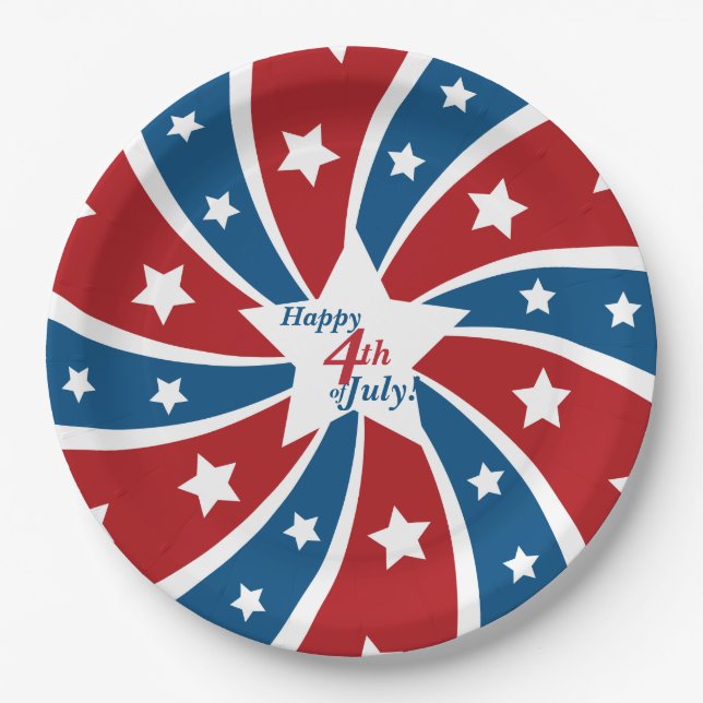 Red White and Blue Fourth of July Stars Stripes Paper Plate (Front)