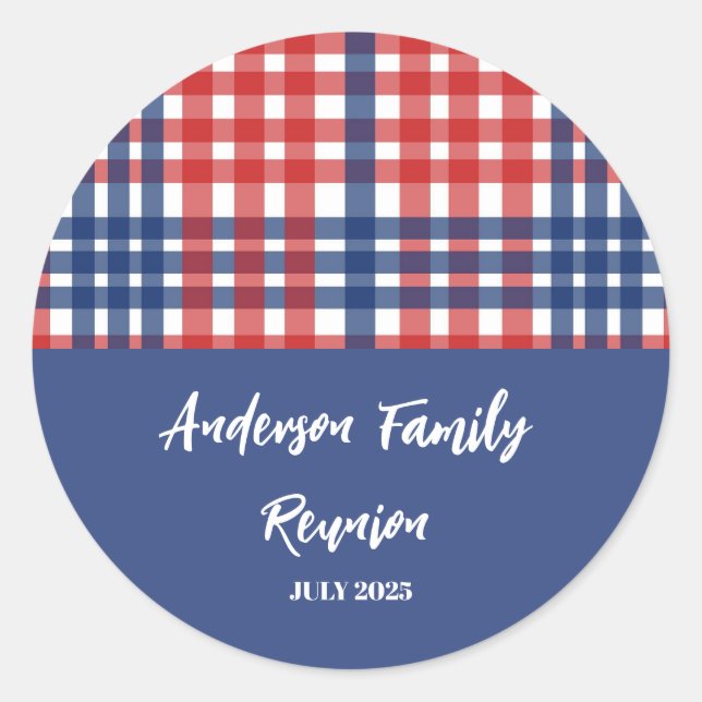 Red, White and Blue Gingham Family Reunion Classic Round Sticker (Front)