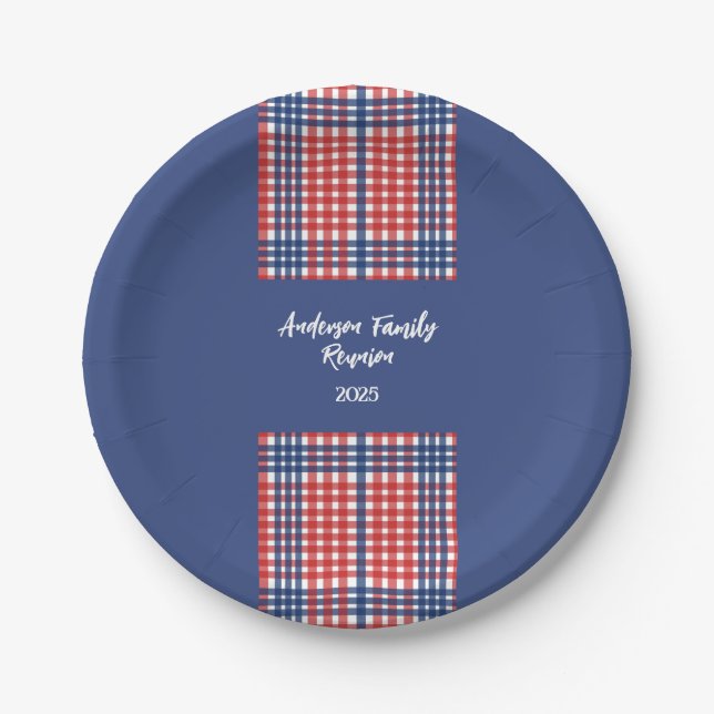 Red, White and Blue Gingham Family Reunion Paper Plate (Front)