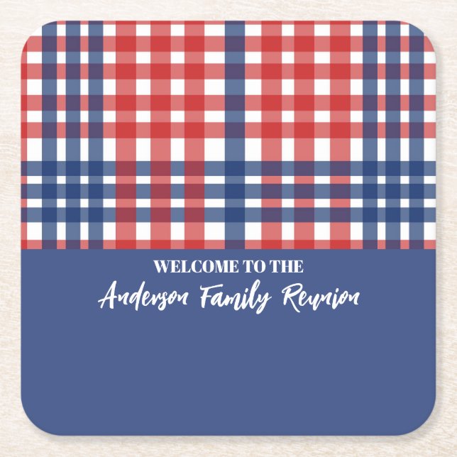 Red, White and Blue Gingham Family Reunion Square Paper Coaster (Front)