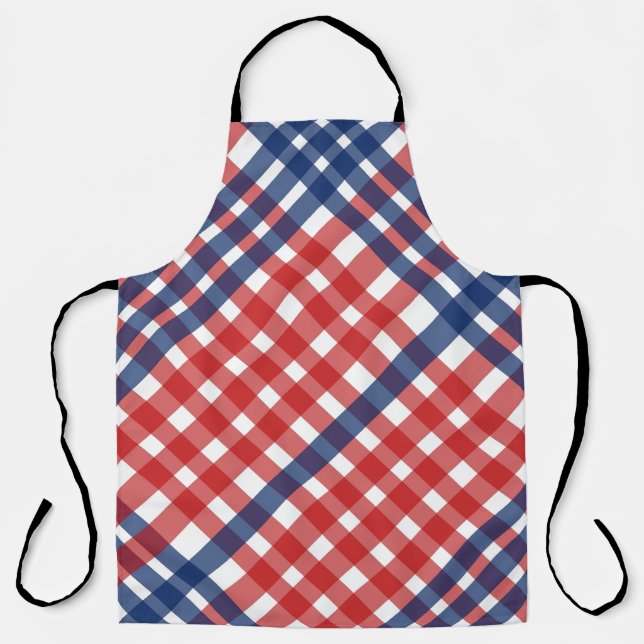 Red, White and Blue Gingham Plaid Americana Apron (Front)