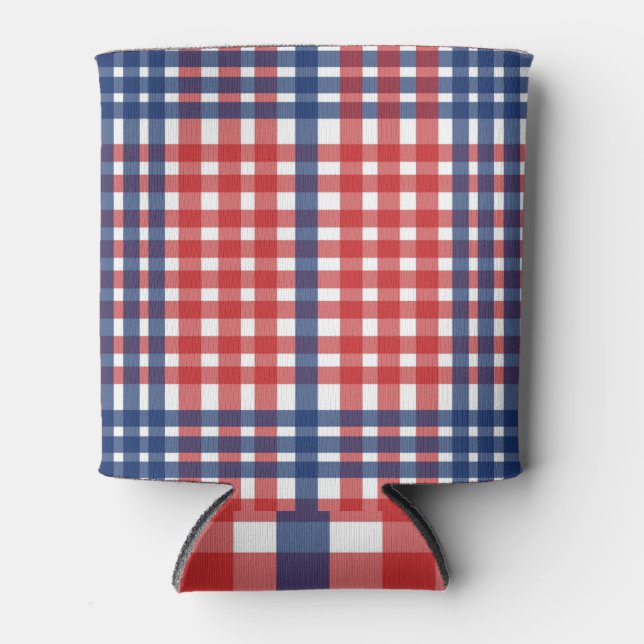 Red White and Blue Gingham Plaid Can Cooler (Front)