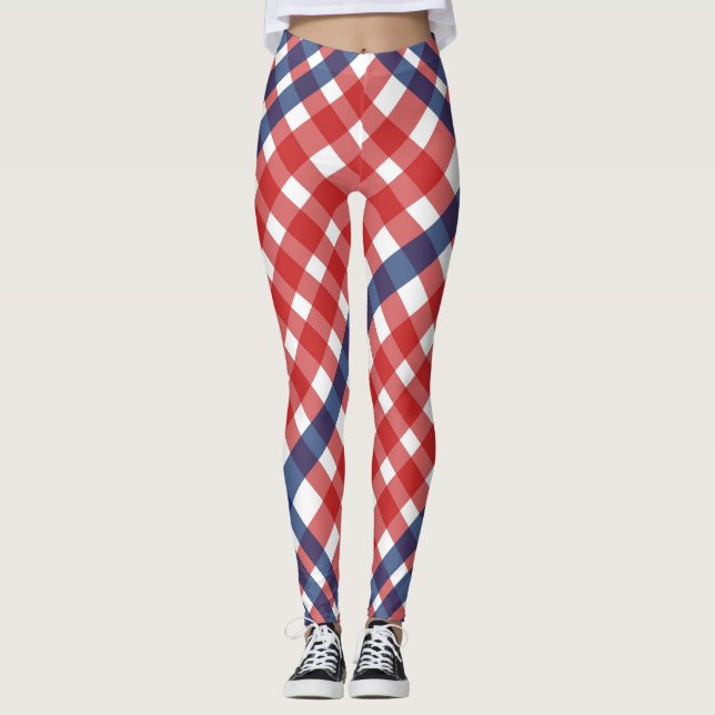 Red White and Blue Gingham Plaid Leggings (Front)