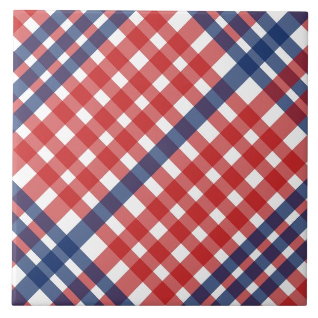 Red White and Blue Gingham Plaid Tile (Front)