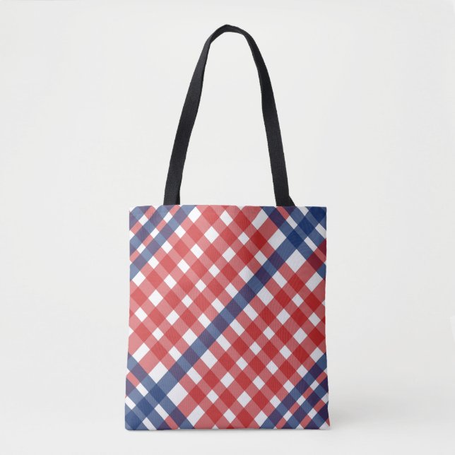 Red, White and Blue Gingham Plaid Tote Bag (Front)