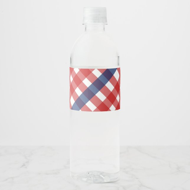 Red White and Blue Gingham Plaid Water Bottle Label (Front)
