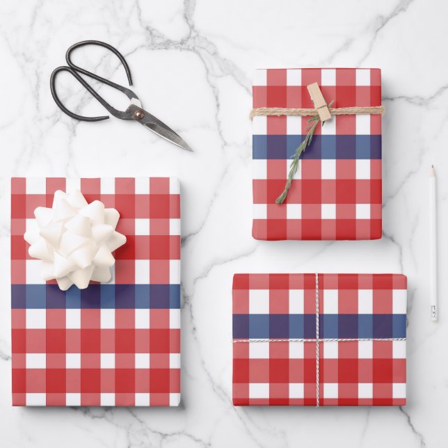 Red White and Blue Gingham Plaid Wrapping Paper Sheet (Front)