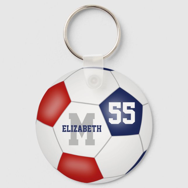 red white and blue girls boys soccer ball key ring (Front)