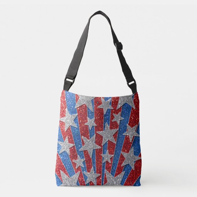 Red White and Blue Glitter American Stars Stripes Crossbody Bag (Front)