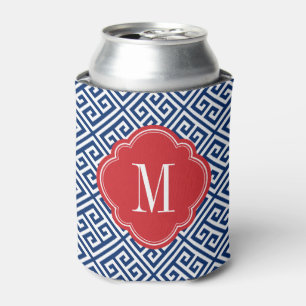 Red White and Blue Greek Key Monogram Can Cooler
