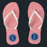 Red White and Blue Greek Key Monogram Flip Flops<br><div class="desc">Custom printed flip flop sandals with a stylish modern Greek key pattern and your custom monogram or other text in a circle frame. Click Customise It to change text fonts and colours or add your own images to create a unique one of a kind design!</div>