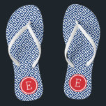 Red White and Blue Greek Key Monogram Flip Flops<br><div class="desc">Custom printed flip flop sandals with a stylish modern Greek key pattern and your custom monogram or other text in a circle frame. Click Customise It to change text fonts and colours or add your own images to create a unique one of a kind design!</div>