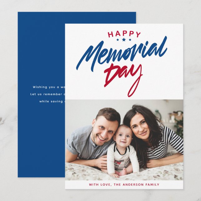 Red, White and Blue Happy Memorial Day Photo Holiday Card (Front/Back)