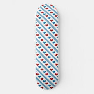 Red White and Blue Hearts and Diagonal Stripes Skateboard